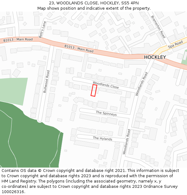 23, WOODLANDS CLOSE, HOCKLEY, SS5 4PN: Location map and indicative extent of plot