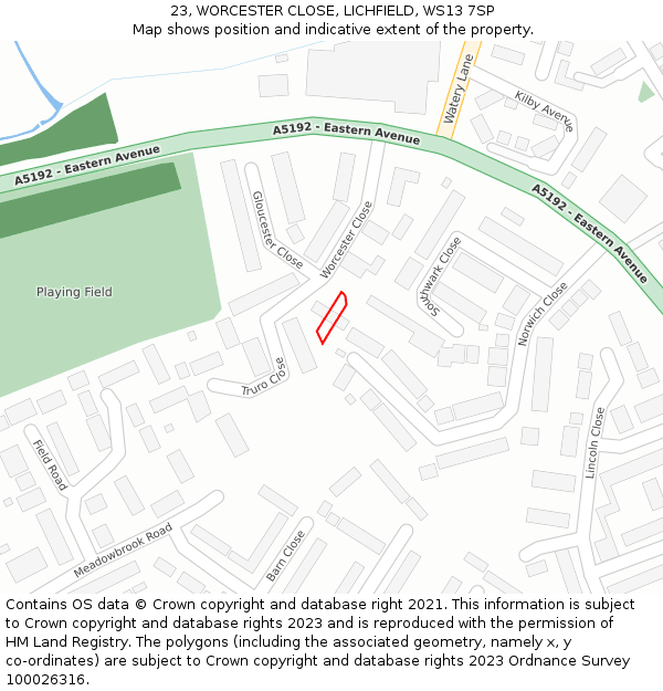 23, WORCESTER CLOSE, LICHFIELD, WS13 7SP: Location map and indicative extent of plot