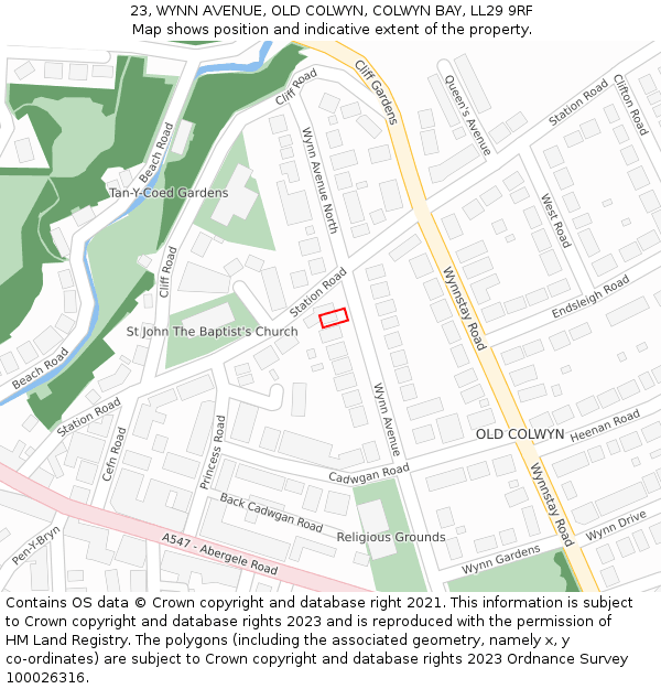 23, WYNN AVENUE, OLD COLWYN, COLWYN BAY, LL29 9RF: Location map and indicative extent of plot