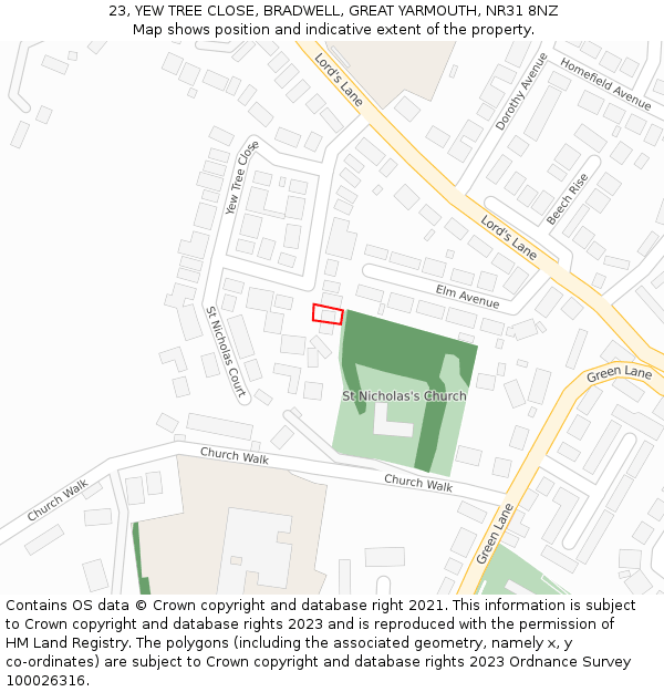 23, YEW TREE CLOSE, BRADWELL, GREAT YARMOUTH, NR31 8NZ: Location map and indicative extent of plot