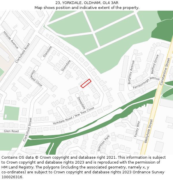 23, YORKDALE, OLDHAM, OL4 3AR: Location map and indicative extent of plot