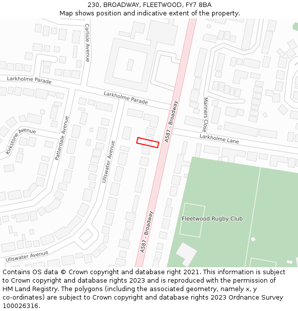 230, BROADWAY, FLEETWOOD, FY7 8BA: Location map and indicative extent of plot