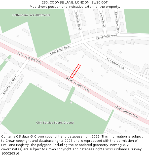 230, COOMBE LANE, LONDON, SW20 0QT: Location map and indicative extent of plot