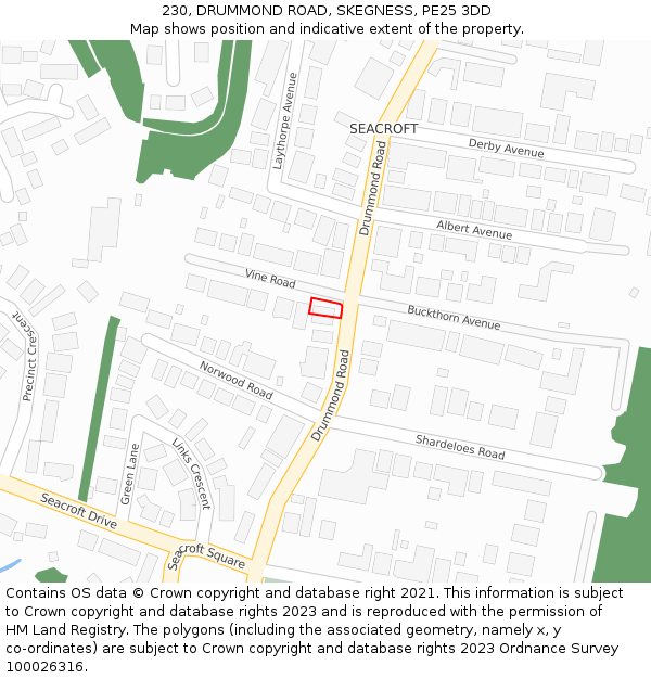 230, DRUMMOND ROAD, SKEGNESS, PE25 3DD: Location map and indicative extent of plot