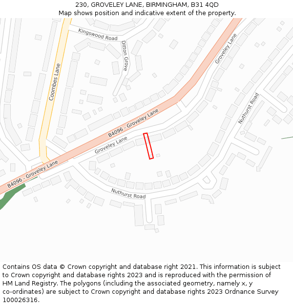 230, GROVELEY LANE, BIRMINGHAM, B31 4QD: Location map and indicative extent of plot