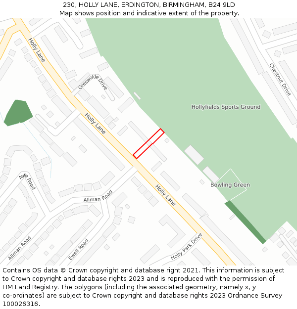 230, HOLLY LANE, ERDINGTON, BIRMINGHAM, B24 9LD: Location map and indicative extent of plot