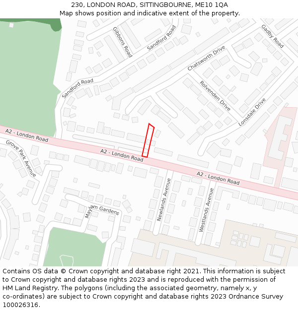 230, LONDON ROAD, SITTINGBOURNE, ME10 1QA: Location map and indicative extent of plot