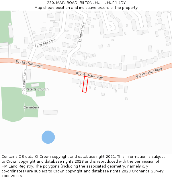 230, MAIN ROAD, BILTON, HULL, HU11 4DY: Location map and indicative extent of plot