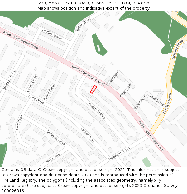 230, MANCHESTER ROAD, KEARSLEY, BOLTON, BL4 8SA: Location map and indicative extent of plot