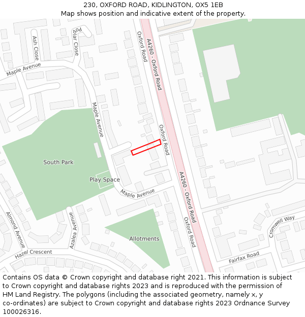 230, OXFORD ROAD, KIDLINGTON, OX5 1EB: Location map and indicative extent of plot