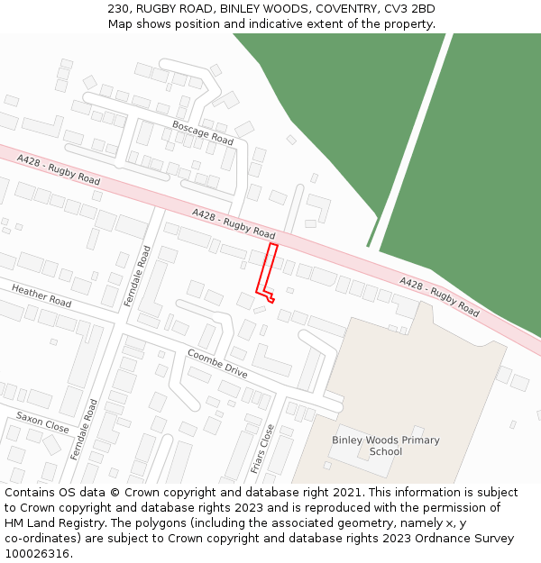 230, RUGBY ROAD, BINLEY WOODS, COVENTRY, CV3 2BD: Location map and indicative extent of plot