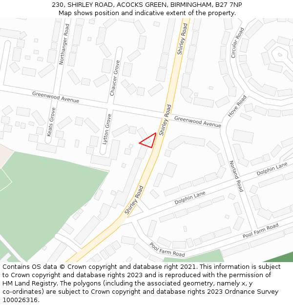 230, SHIRLEY ROAD, ACOCKS GREEN, BIRMINGHAM, B27 7NP: Location map and indicative extent of plot