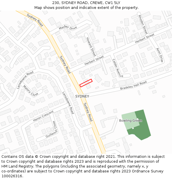 230, SYDNEY ROAD, CREWE, CW1 5LY: Location map and indicative extent of plot