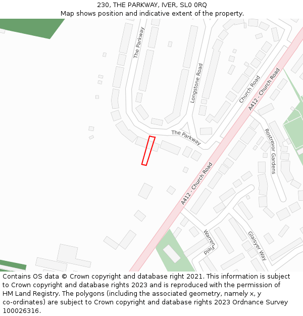 230, THE PARKWAY, IVER, SL0 0RQ: Location map and indicative extent of plot