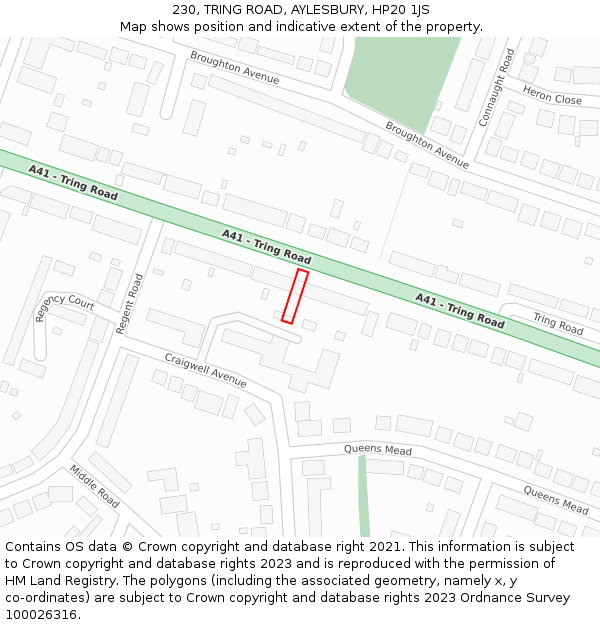 230, TRING ROAD, AYLESBURY, HP20 1JS: Location map and indicative extent of plot