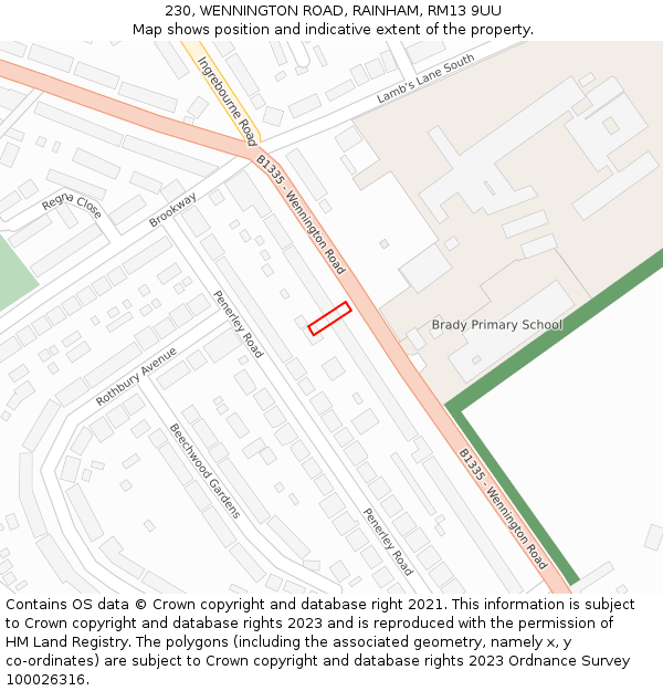 230, WENNINGTON ROAD, RAINHAM, RM13 9UU: Location map and indicative extent of plot