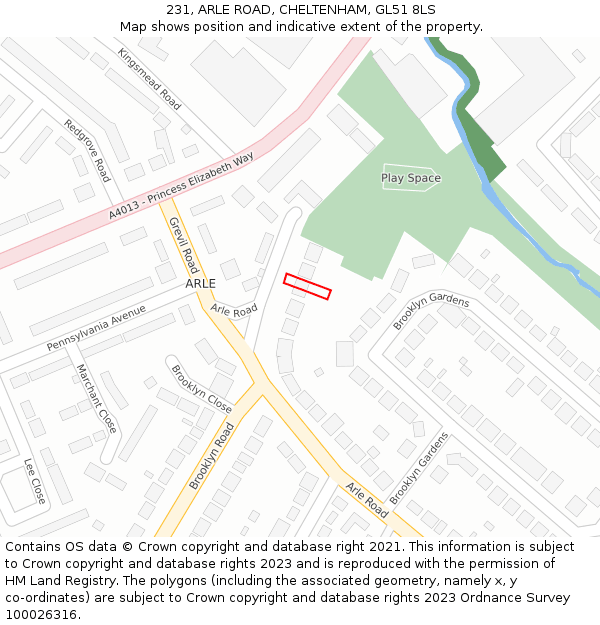 231, ARLE ROAD, CHELTENHAM, GL51 8LS: Location map and indicative extent of plot