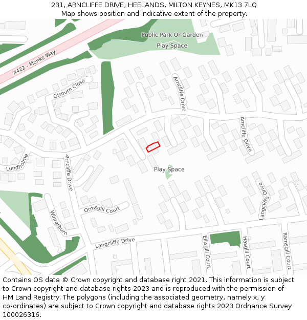 231, ARNCLIFFE DRIVE, HEELANDS, MILTON KEYNES, MK13 7LQ: Location map and indicative extent of plot