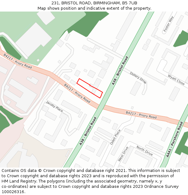 231, BRISTOL ROAD, BIRMINGHAM, B5 7UB: Location map and indicative extent of plot