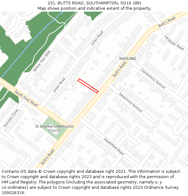 231, BUTTS ROAD, SOUTHAMPTON, SO19 1BN: Location map and indicative extent of plot