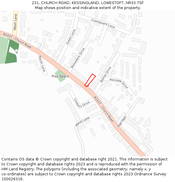 231, CHURCH ROAD, KESSINGLAND, LOWESTOFT, NR33 7SF: Location map and indicative extent of plot