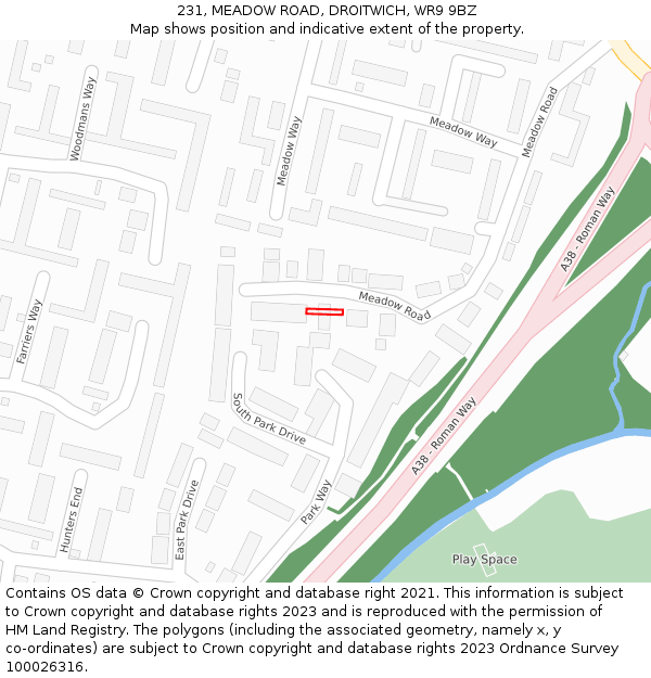 231, MEADOW ROAD, DROITWICH, WR9 9BZ: Location map and indicative extent of plot