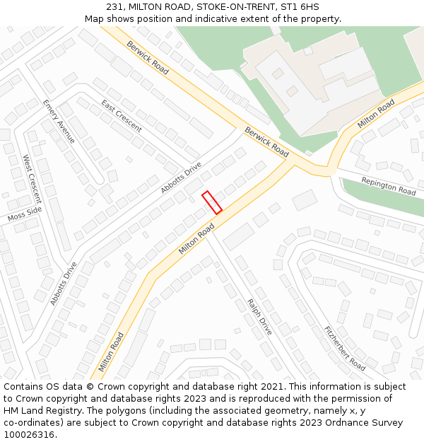 231, MILTON ROAD, STOKE-ON-TRENT, ST1 6HS: Location map and indicative extent of plot