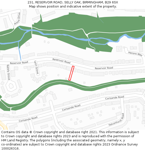 231, RESERVOIR ROAD, SELLY OAK, BIRMINGHAM, B29 6SX: Location map and indicative extent of plot