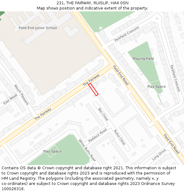 231, THE FAIRWAY, RUISLIP, HA4 0SN: Location map and indicative extent of plot