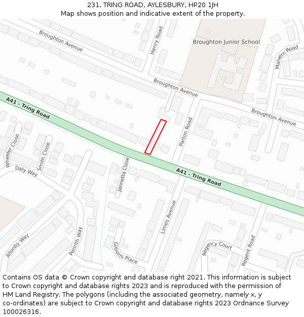 231, TRING ROAD, AYLESBURY, HP20 1JH: Location map and indicative extent of plot