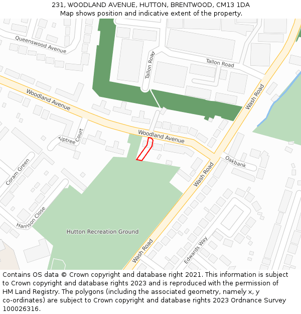 231, WOODLAND AVENUE, HUTTON, BRENTWOOD, CM13 1DA: Location map and indicative extent of plot