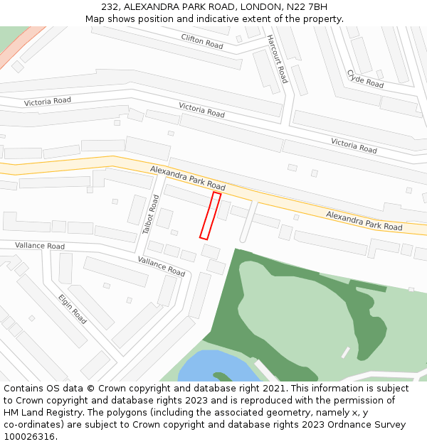 232, ALEXANDRA PARK ROAD, LONDON, N22 7BH: Location map and indicative extent of plot