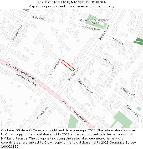 232, BIG BARN LANE, MANSFIELD, NG18 3LA: Location map and indicative extent of plot