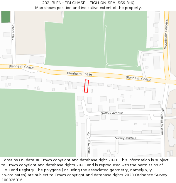 232, BLENHEIM CHASE, LEIGH-ON-SEA, SS9 3HQ: Location map and indicative extent of plot