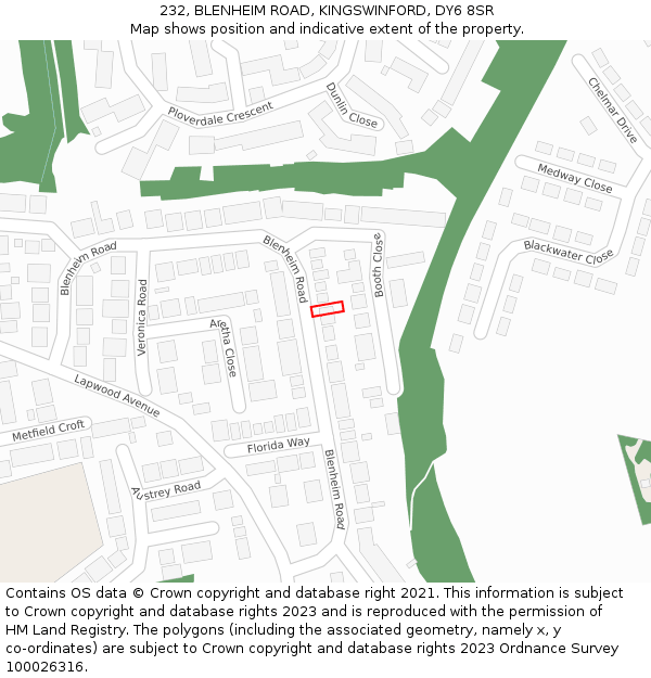 232, BLENHEIM ROAD, KINGSWINFORD, DY6 8SR: Location map and indicative extent of plot