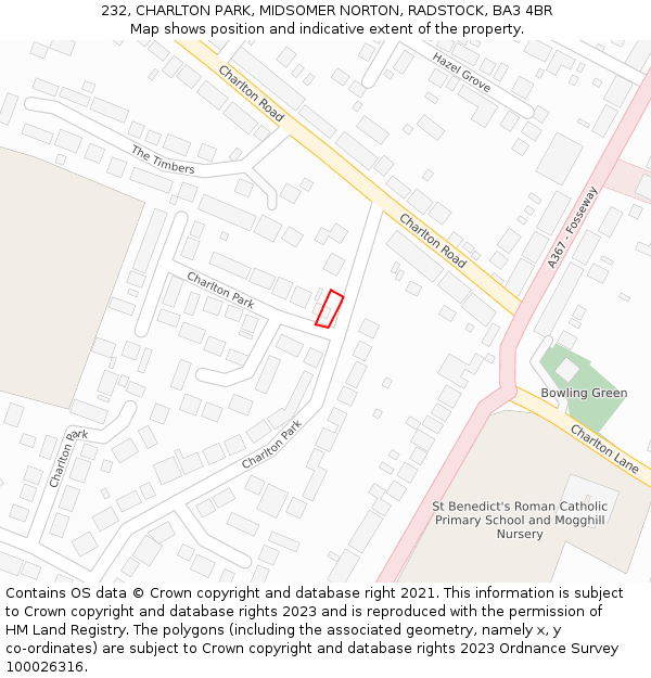 232, CHARLTON PARK, MIDSOMER NORTON, RADSTOCK, BA3 4BR: Location map and indicative extent of plot