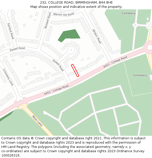 232, COLLEGE ROAD, BIRMINGHAM, B44 8HE: Location map and indicative extent of plot