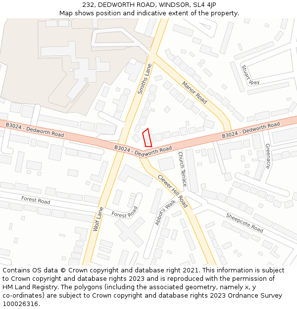 232, DEDWORTH ROAD, WINDSOR, SL4 4JP: Location map and indicative extent of plot