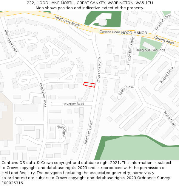 232, HOOD LANE NORTH, GREAT SANKEY, WARRINGTON, WA5 1EU: Location map and indicative extent of plot