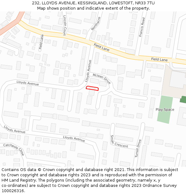 232, LLOYDS AVENUE, KESSINGLAND, LOWESTOFT, NR33 7TU: Location map and indicative extent of plot