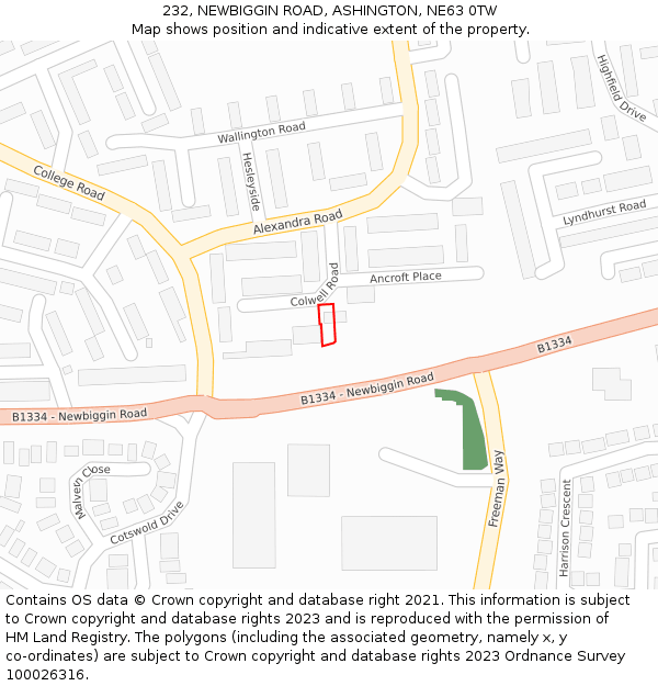 232, NEWBIGGIN ROAD, ASHINGTON, NE63 0TW: Location map and indicative extent of plot