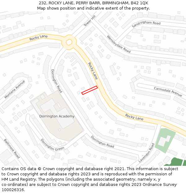 232, ROCKY LANE, PERRY BARR, BIRMINGHAM, B42 1QX: Location map and indicative extent of plot