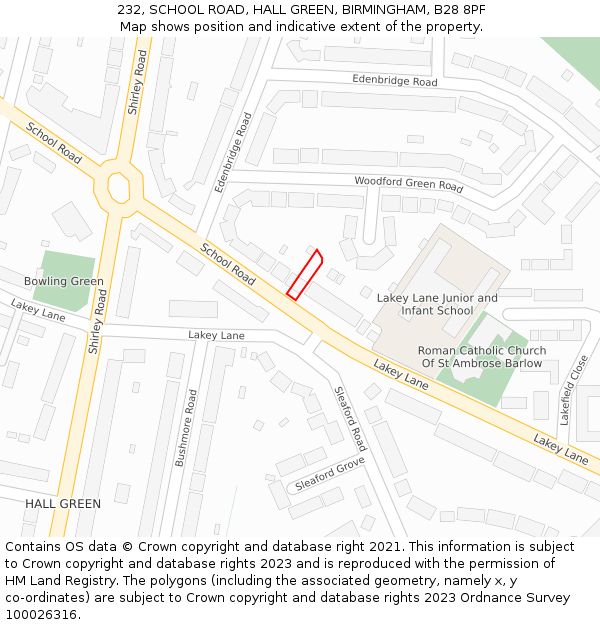 232, SCHOOL ROAD, HALL GREEN, BIRMINGHAM, B28 8PF: Location map and indicative extent of plot