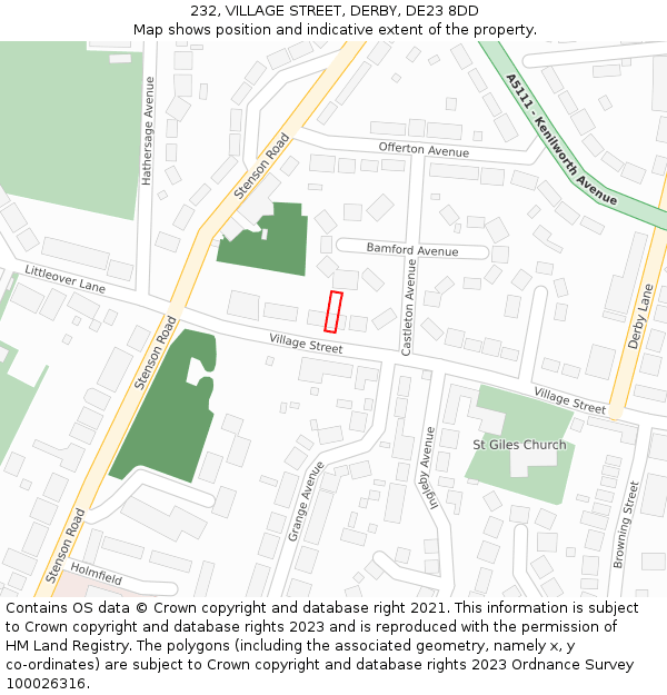 232, VILLAGE STREET, DERBY, DE23 8DD: Location map and indicative extent of plot