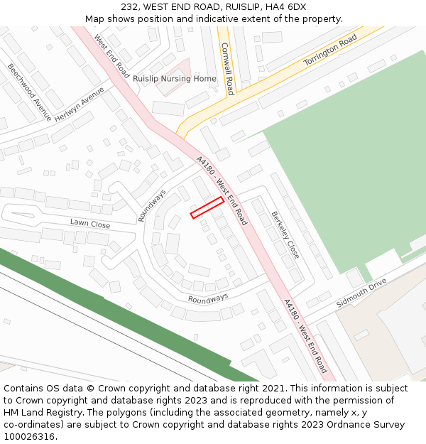 232, WEST END ROAD, RUISLIP, HA4 6DX: Location map and indicative extent of plot