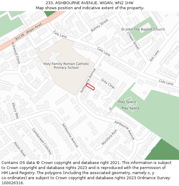 233, ASHBOURNE AVENUE, WIGAN, WN2 1HW: Location map and indicative extent of plot