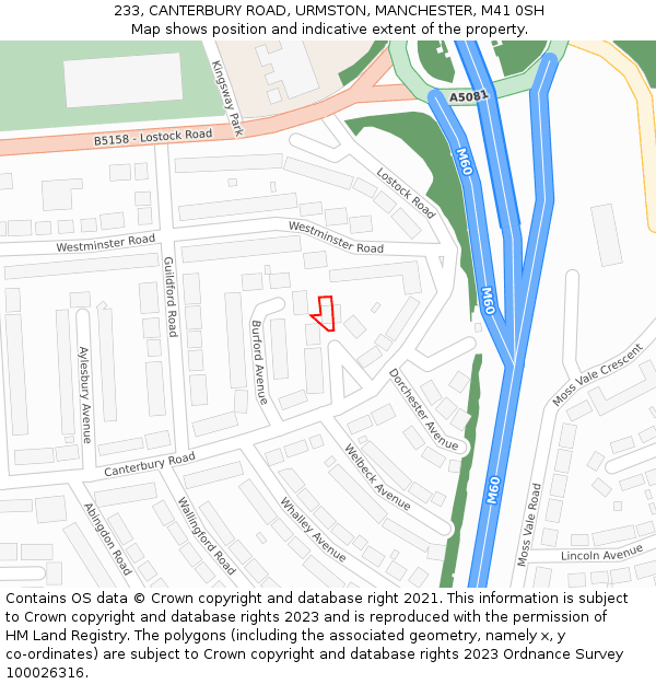 233, CANTERBURY ROAD, URMSTON, MANCHESTER, M41 0SH: Location map and indicative extent of plot