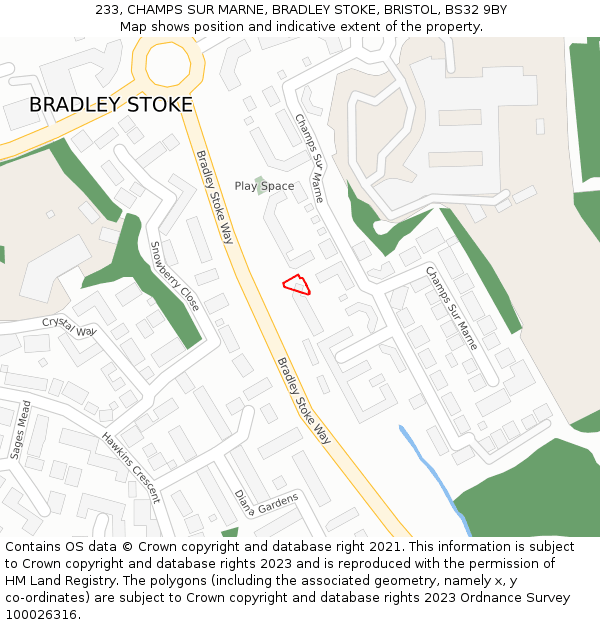 233, CHAMPS SUR MARNE, BRADLEY STOKE, BRISTOL, BS32 9BY: Location map and indicative extent of plot