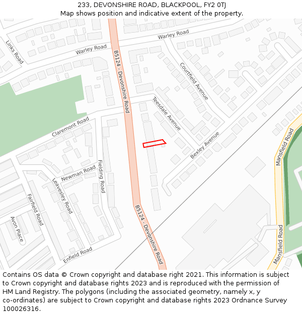 233, DEVONSHIRE ROAD, BLACKPOOL, FY2 0TJ: Location map and indicative extent of plot