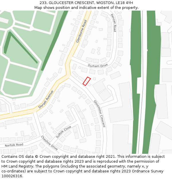 233, GLOUCESTER CRESCENT, WIGSTON, LE18 4YH: Location map and indicative extent of plot